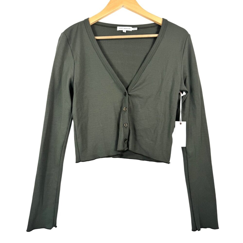 Good American Baby rib Cardigan Olive cropped button sz 3(L)